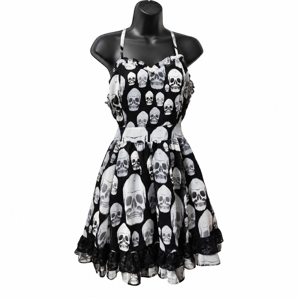 Vnt Tripp NYC Skull Print Y2k Chiffon Babydoll Dress XXL Gothic Whimsy Lace
